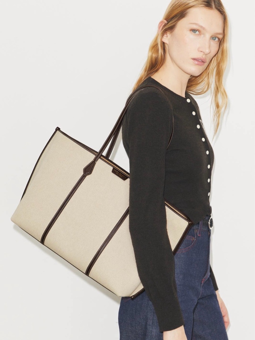 TORY BURCH PERRY CANVAS TRIPLE COMPARTMENT WORK TRAVEL TOTE QUIET LUXURY NWT